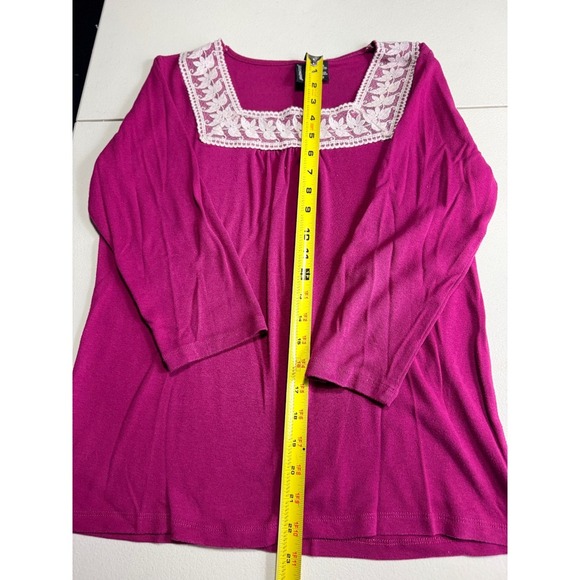 Jason Maxwell Top Square Neck 3/4 Sleeve Lace Trim Magenta - Picture 5 of 9